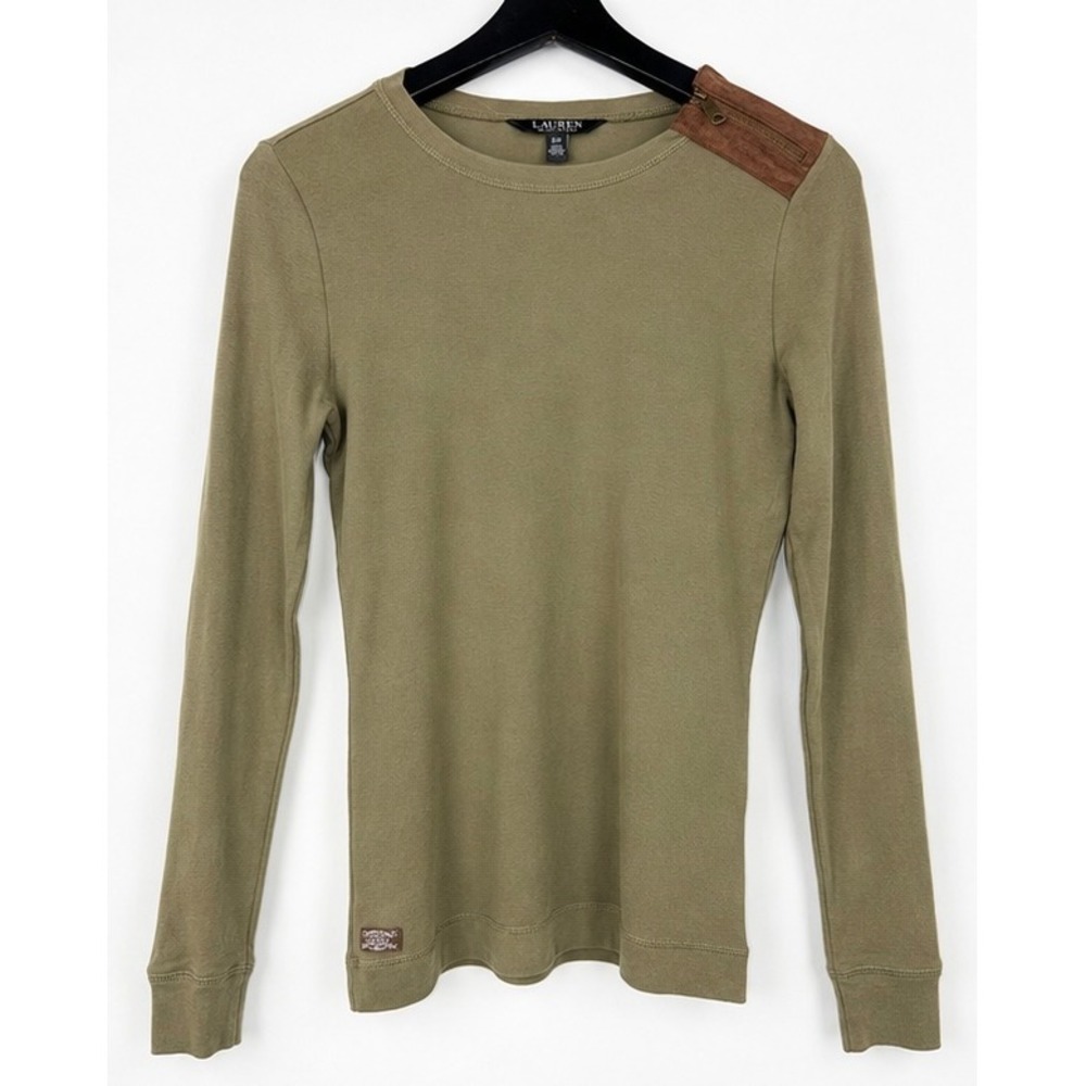 Lauren Ralph Lauren Olive Green Elbow Patch Shoulder Zip Top Small S